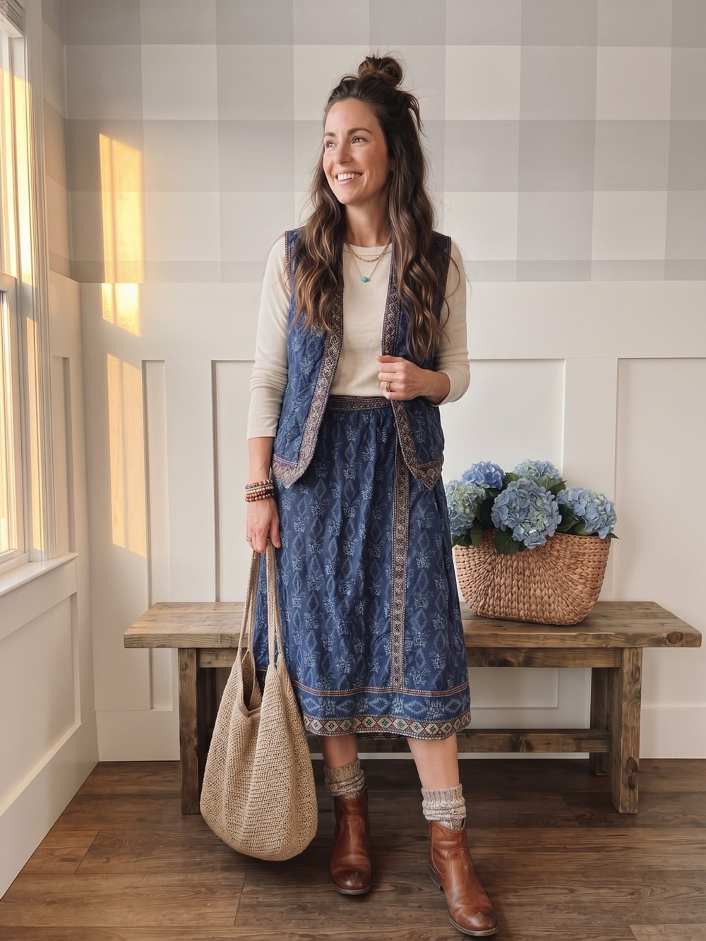 Vintage Quilted Printed Midi Wrap Skirt and Vest Cotton